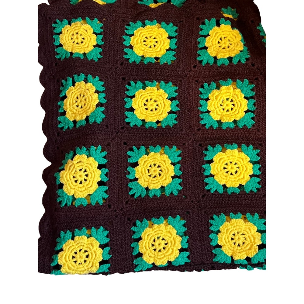 Vintage Granny Square Crochet Blanket Throw, Yellow Floral, Brown,‎ Green